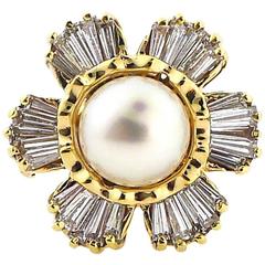 1950s Cultured Pearl Diamond Gold Ring