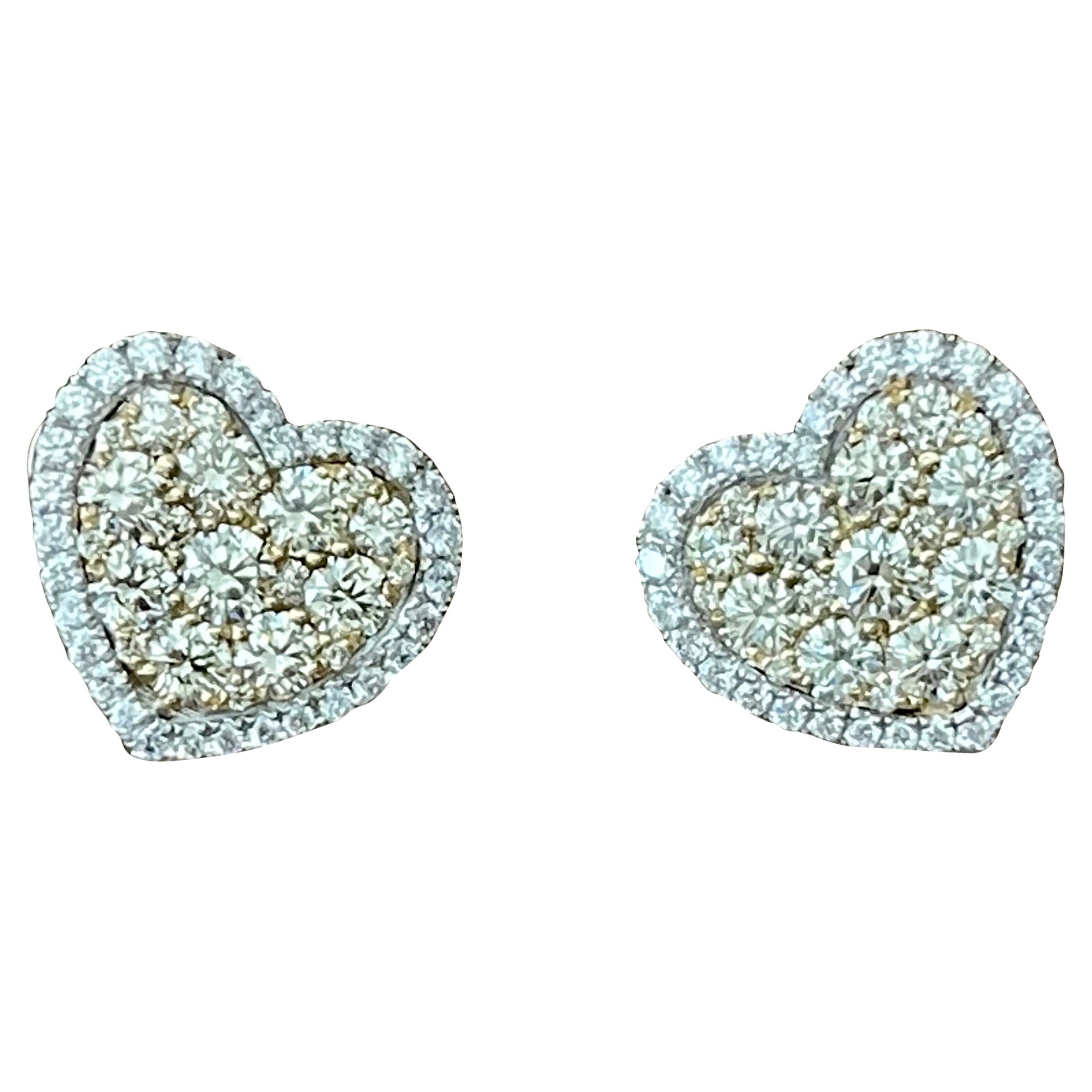 14 K Yelllow and White Gold 3.86 Total Carat Heart Shaped Earrings For Sale