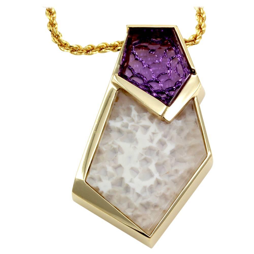 Carved Amethyst & White Quartz Druzy Geometric Drop Necklace in 14K Yellow Gold