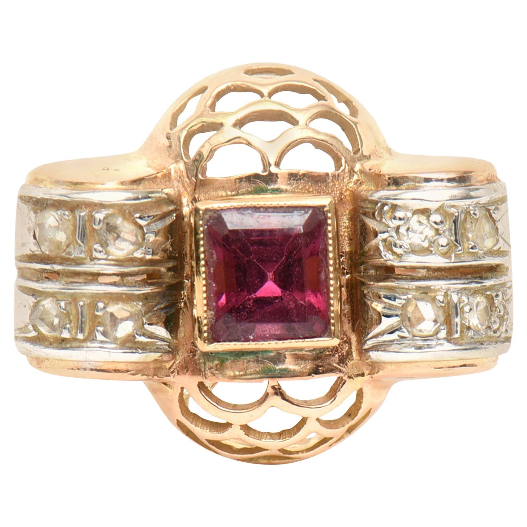 Retro 14 Karat Rose Gold, Diamond and Rubelite Ring For Sale