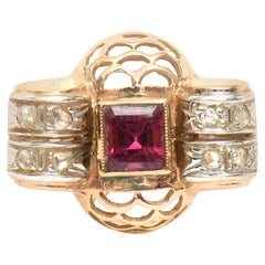 Retro 14 Karat Rose Gold, Diamond and Rubelite Ring