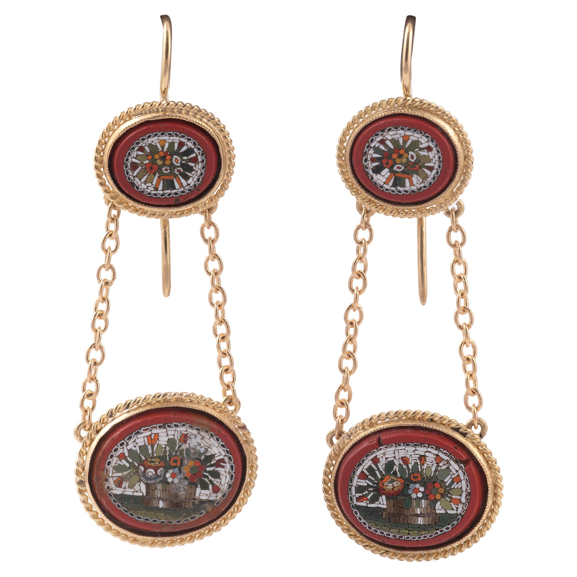 Pair of 19th Century Floral Micromosaic Pendant Earrings, Italian, 1860s For Sale