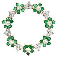 Mid-Century 3.50 CTW Diamond Emerald 18 Karat Two-Tone Floral Circle Brooch