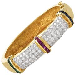 Precious Gemstone Diamond Pave Gold Bangle Bracelet