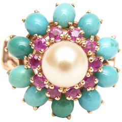 Ruby, Pearl, Turquoise and 14 Karat Yellow Gold Dome Cocktail Ring 9