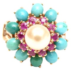 Ruby, Pearl, Turquoise and 14 Karat Yellow Gold Dome Cocktail Ring Vintage