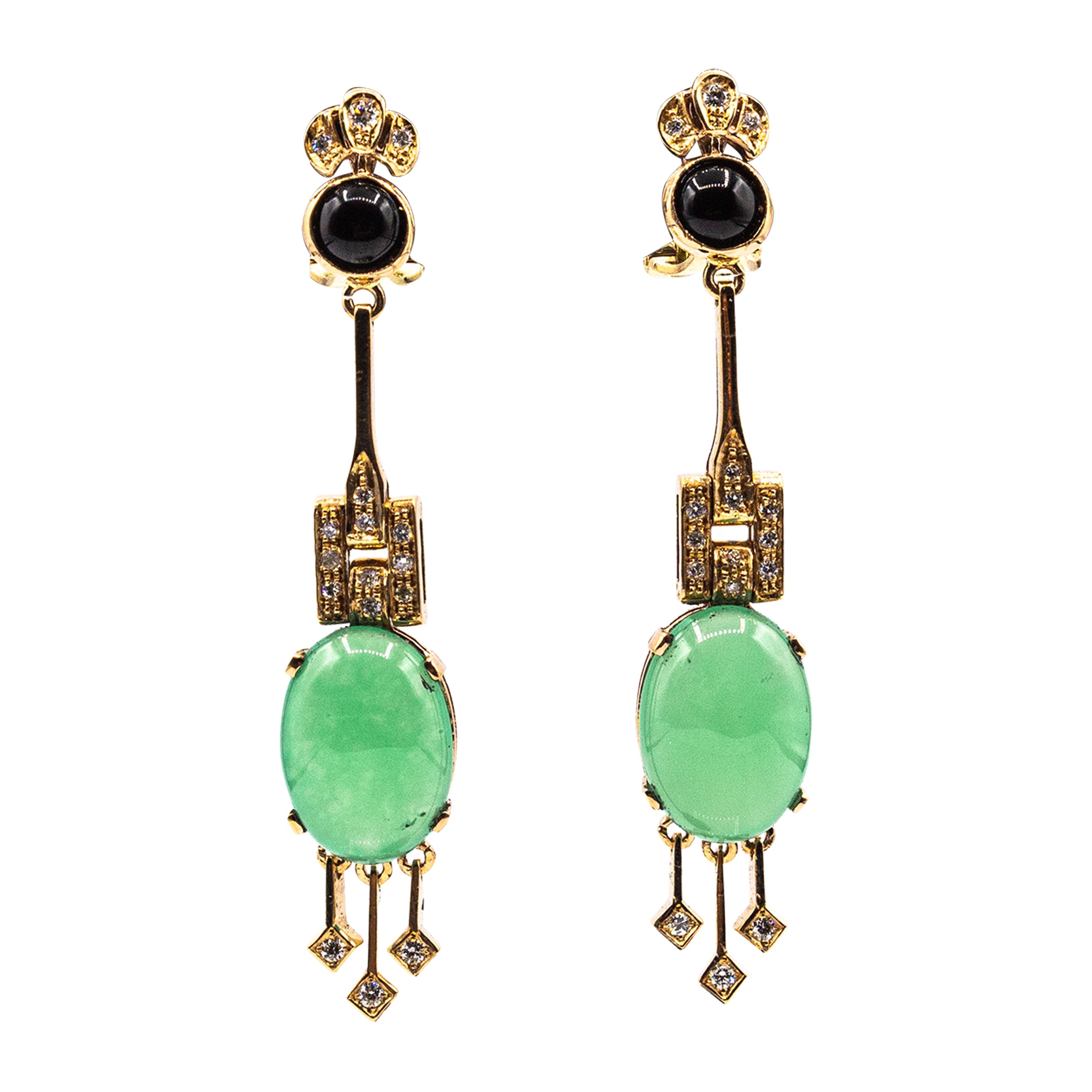 Art Deco Style White Diamond Chrysoprase Onyx Yellow Gold Clip-On Earrings For Sale