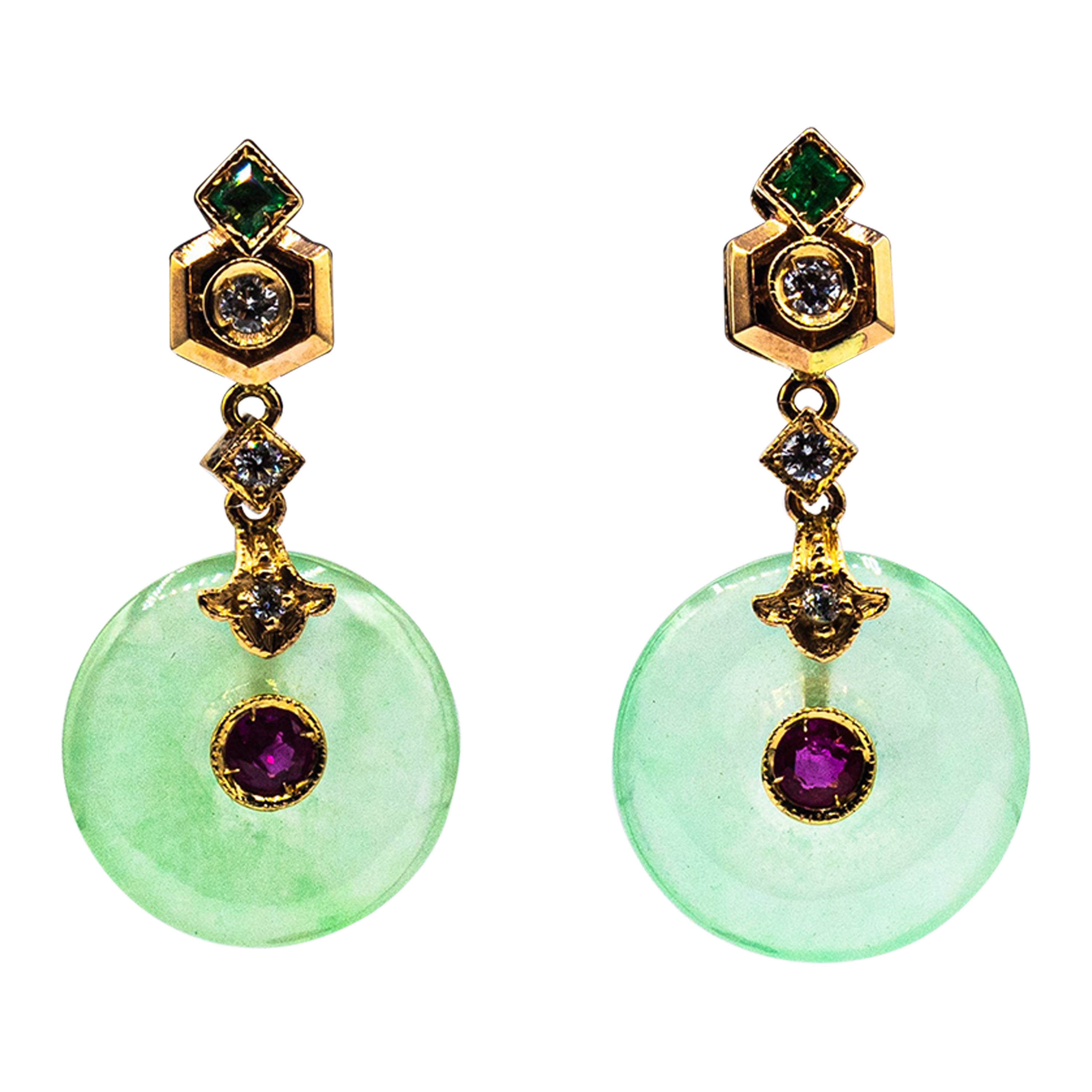 Art Deco Style White Diamond Ruby Emerald Jade Yellow Gold Dangle Stud Earrings For Sale