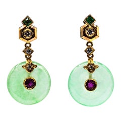 Art Deco Style White Diamond Ruby Emerald Jade Yellow Gold Dangle Stud Earrings