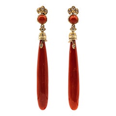 Art Deco Mediterranean Red Coral White Diamond Yellow Gold "Snake" Earrings