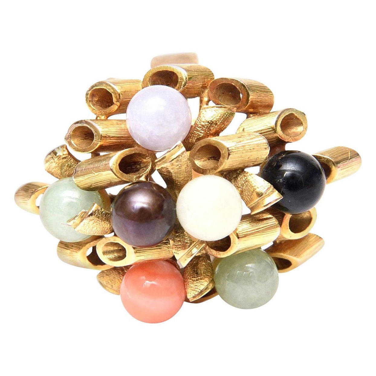 14 Karat Gold, Jade, Amethyst, Coral, Black and White Onyx Cluster Dome Ring For Sale