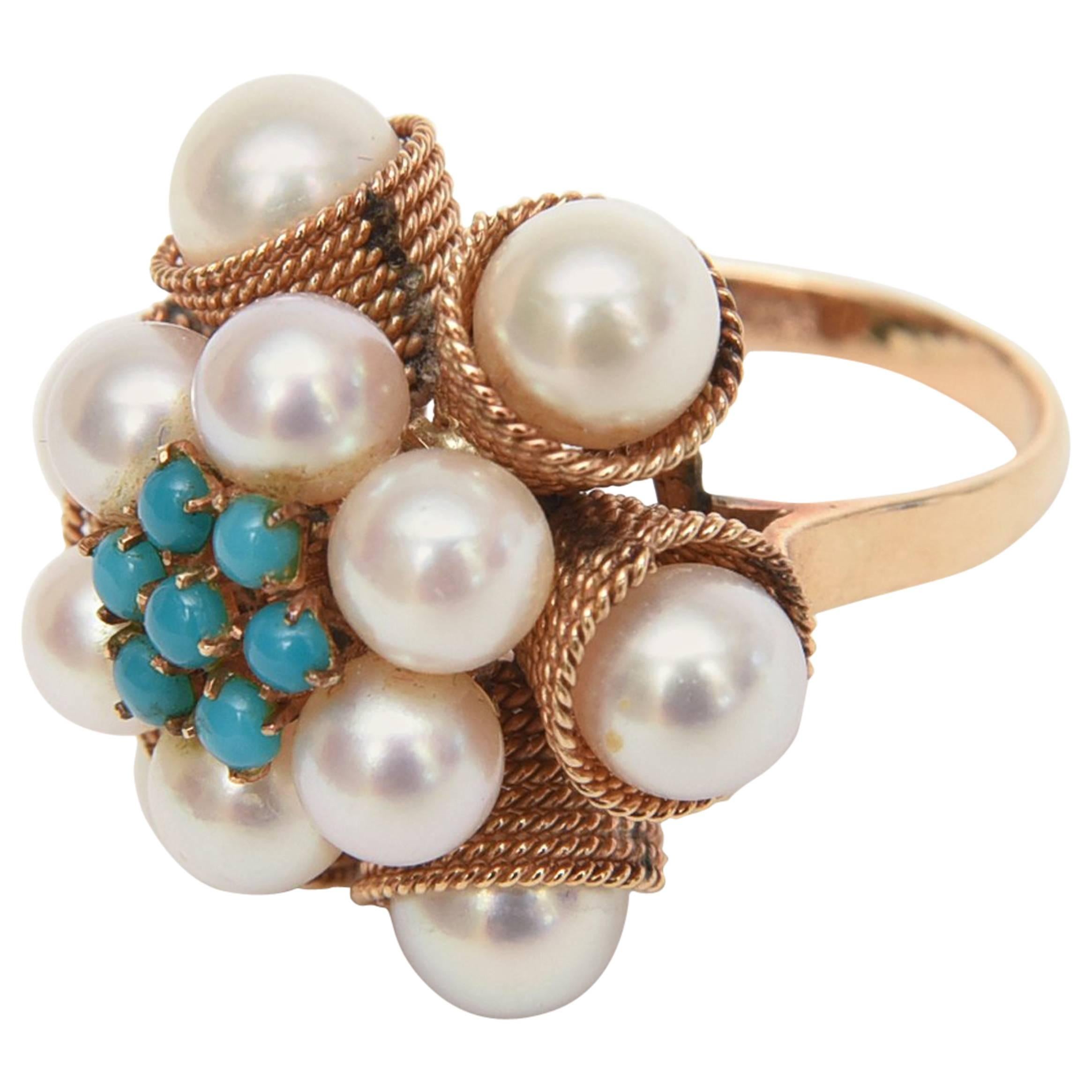 Cultured Pearl, Turquoise & 14K Yellow Gold Dome Cocktail Ring