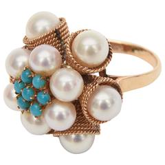 Vintage Cultured Pearl, Turquoise & 14K Yellow Gold Dome Cocktail Ring