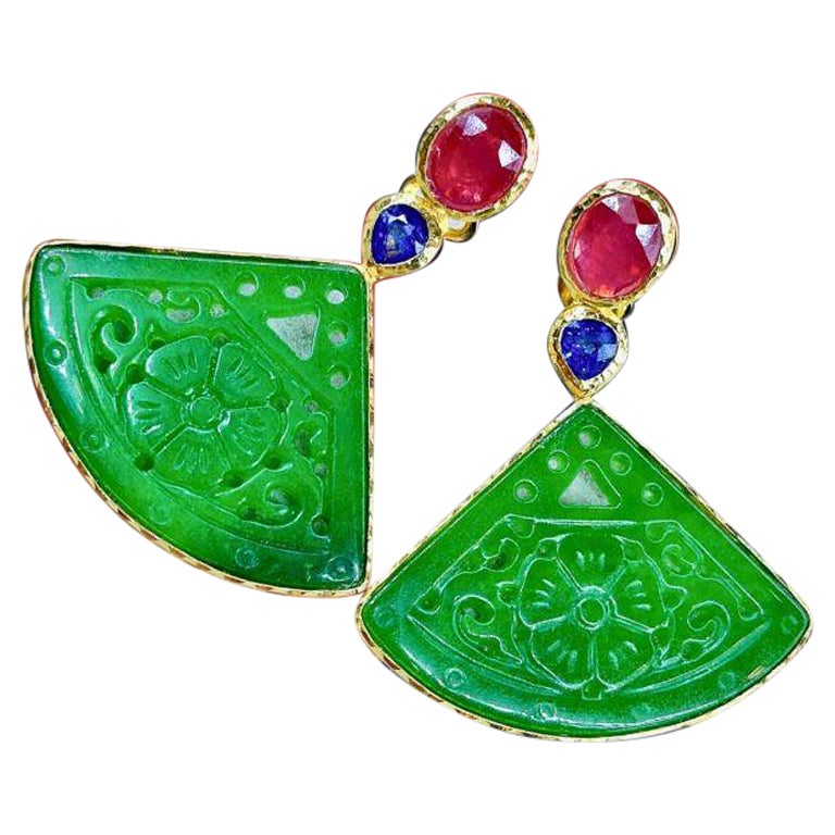 Bochic “Orient” Green Jade Earrings & Blue Sapphire & Ruby Set 22K Gold, Silver  For Sale