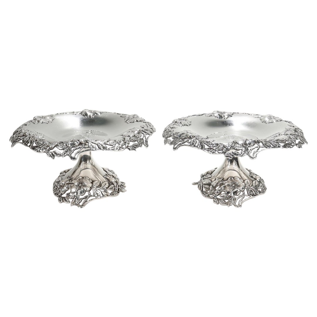 Pair of Tiffany & Co. Sterling Silver Pierced Compotes or Tazzas with Wild Roses For Sale
