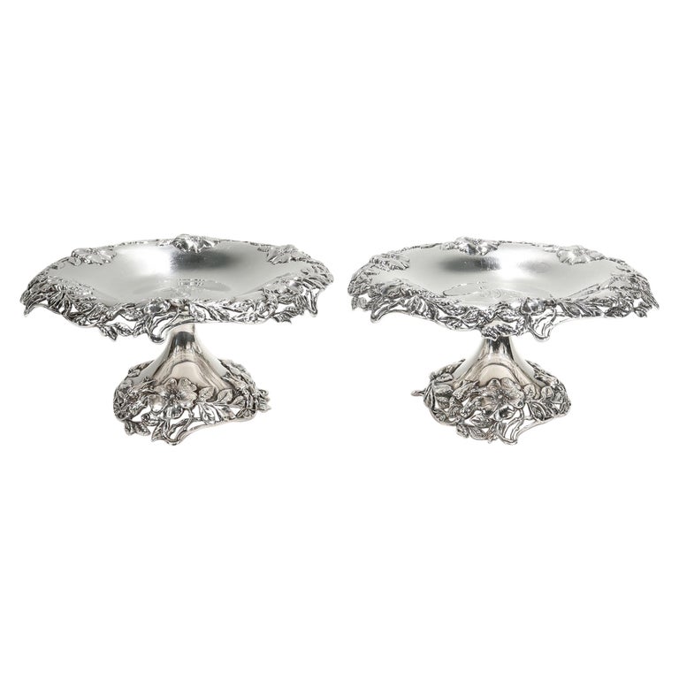 Pair of Tiffany and Co. Sterling Silver Pierced Compotes or Tazzas with  Wild Roses For Sale at 1stDibs