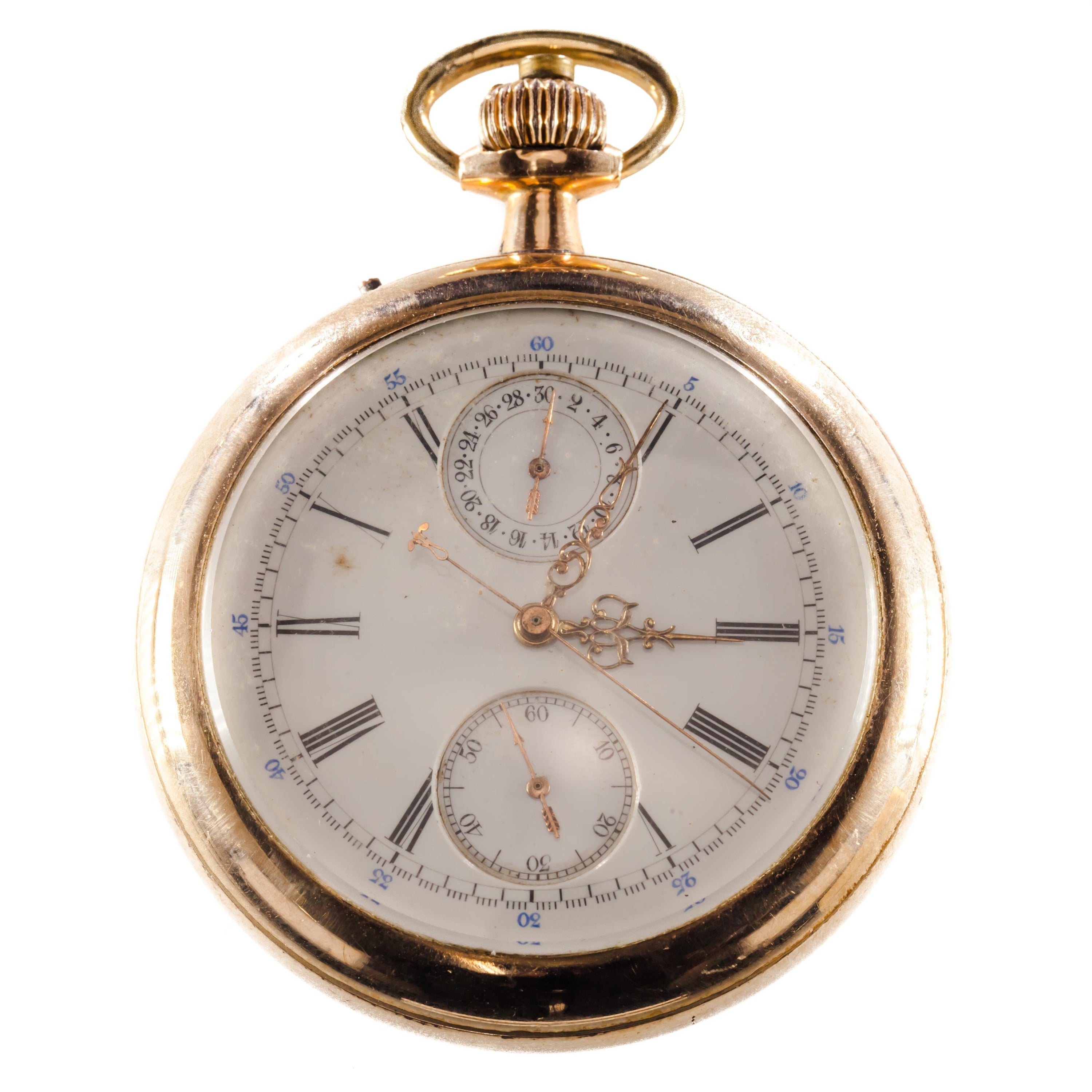 Jules Mathey Locle Rare montre à gousset chronographe à seconde fente fendue et remplie d'or