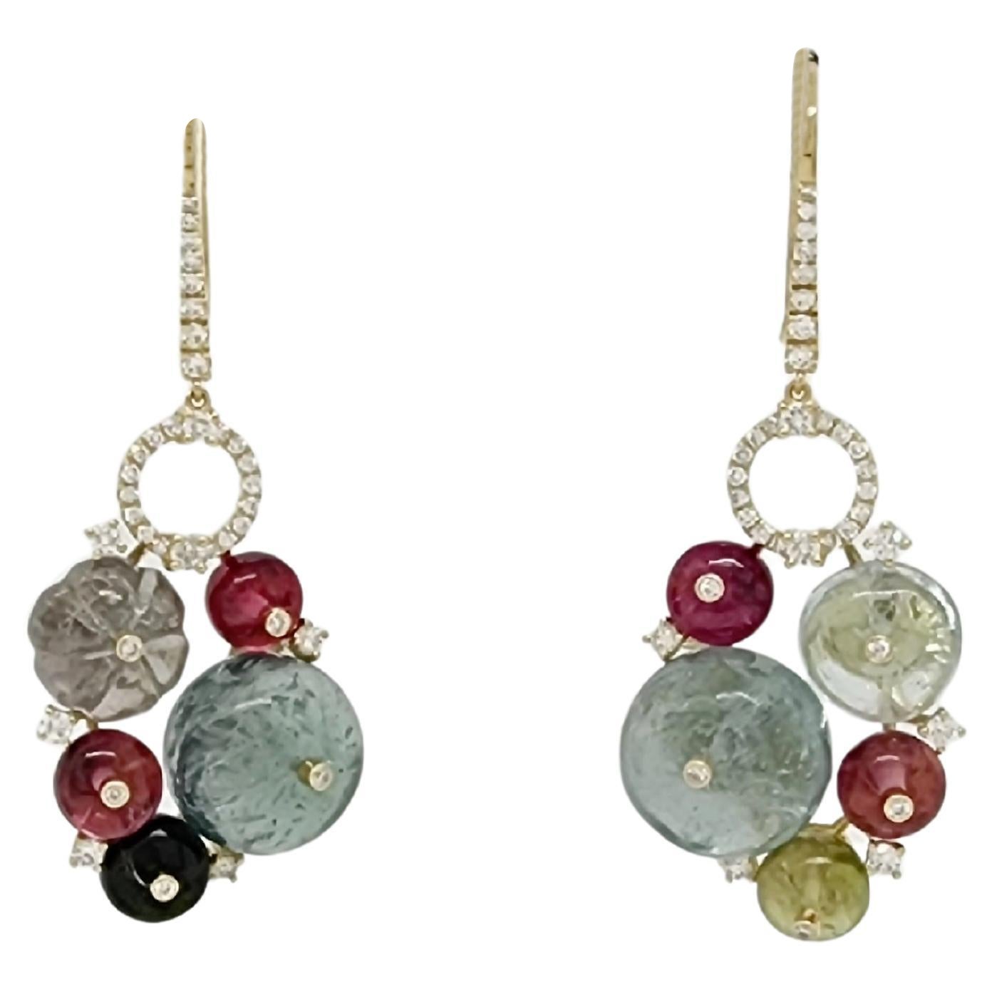 Carved Multi Color Tourmaline and White Diamond Dangle Earrings For Sale