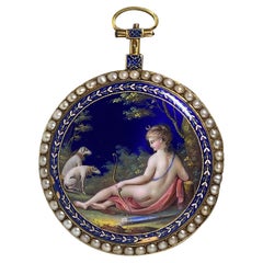 Montre de poche Napoléon Bonaparte à cadran ouvert en or 18 carats, émail et perles naturelles, années 1800