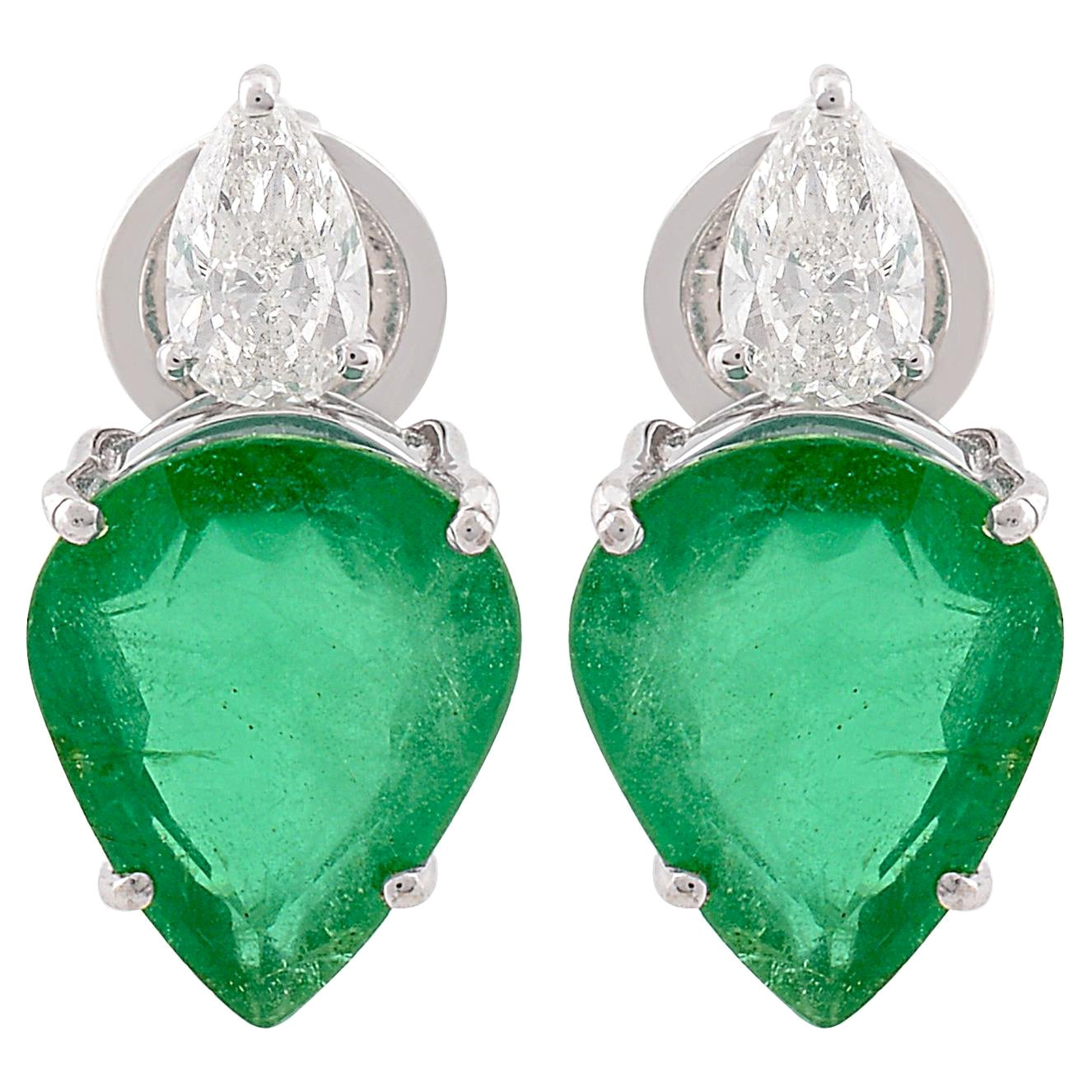 Pear Natural Emerald Stud Earrings Pear Shape Diamond 14k White Gold Jewelry For Sale