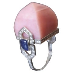 Anillo de Cóctel Pirámide Zafiros Azules Ópalo Rosa Estilo Art Déco Oro 14K Diamantes