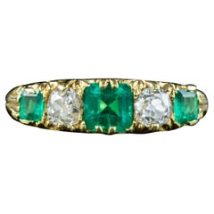 Victorian Style Emerald Diamond Five Stone Ring 1 Carat Emerald