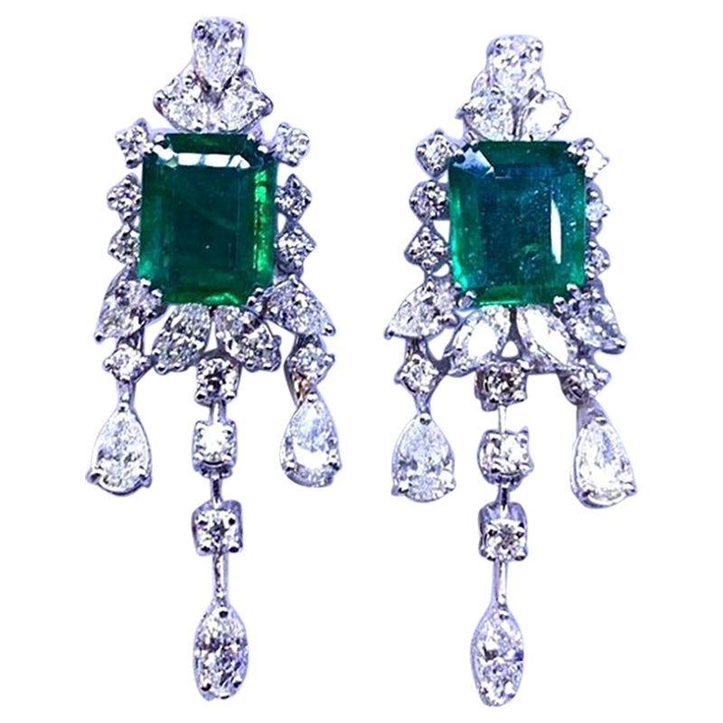 AIG Certified 6.08 Carats Zambian Emeralds. 3.72 Ct Diamonds 18K Gold Earrings  For Sale