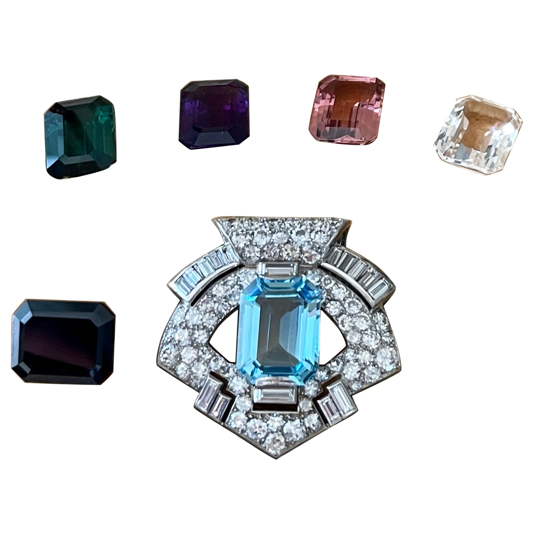Platinum Diamond Interchangeable Gemstone Art Deco Clip Brooch Arnold Ostertag For Sale