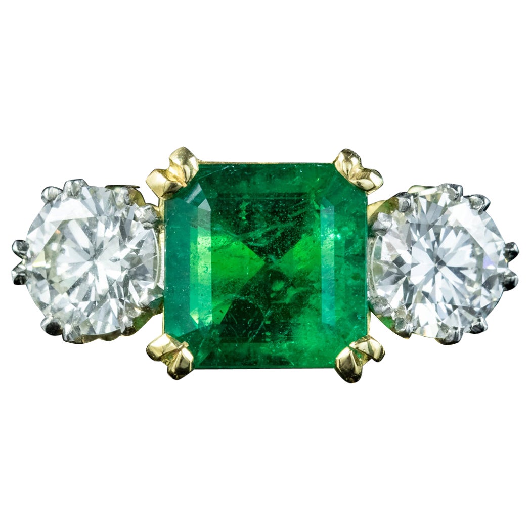 Edwardian Style Emerald Diamond Trilogy Ring 3.39ct Emerald 1.95ct Diamond  For Sale