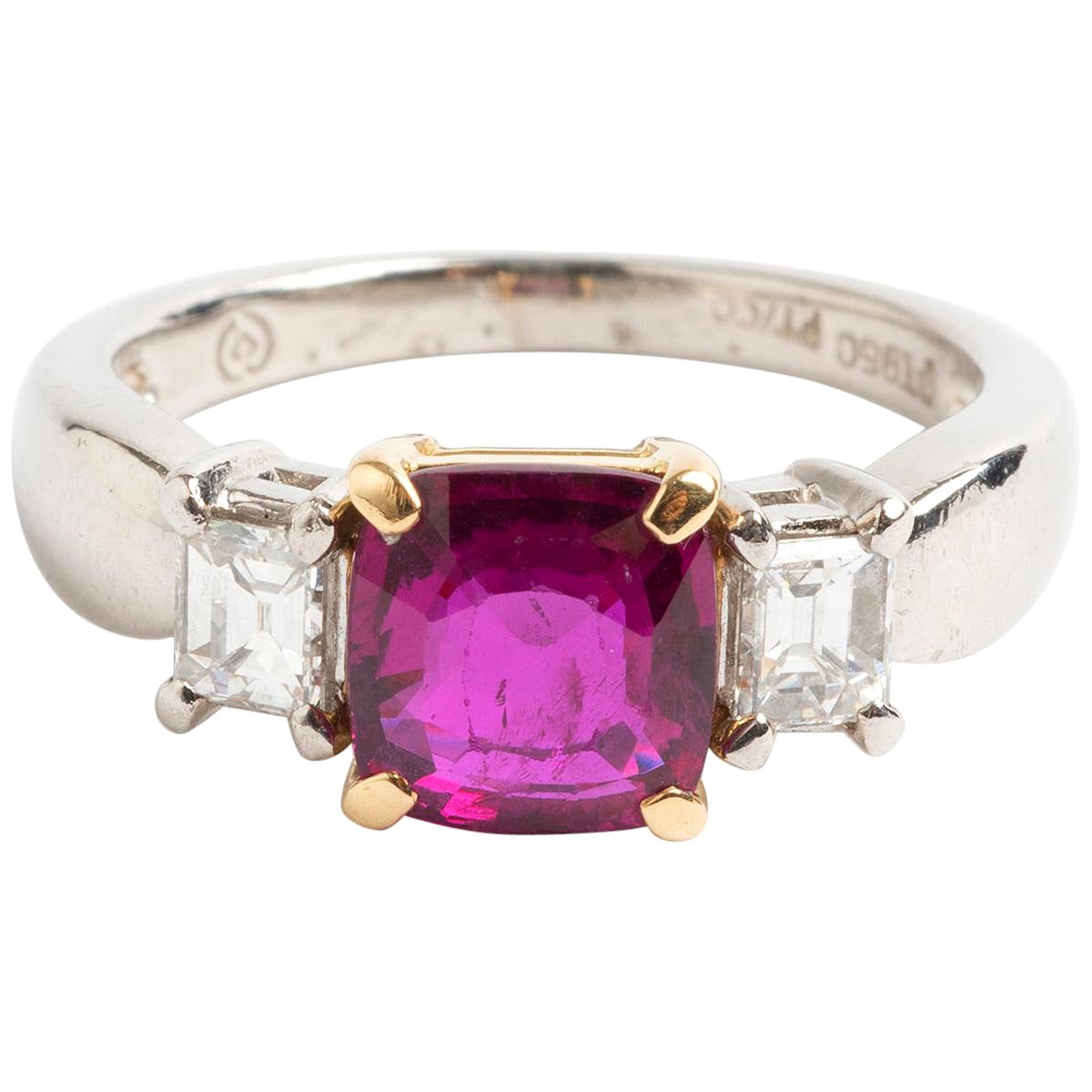 Ruby and Baguette Diamond Ring, 18 Carat Yellow Gold, Est .40 Carat, Mid-1960s For Sale
