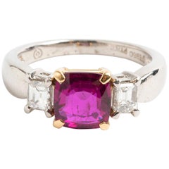 Ruby and Baguette Diamond Ring, 18 Carat Yellow Gold, Est .40 Carat, Mid-1960s