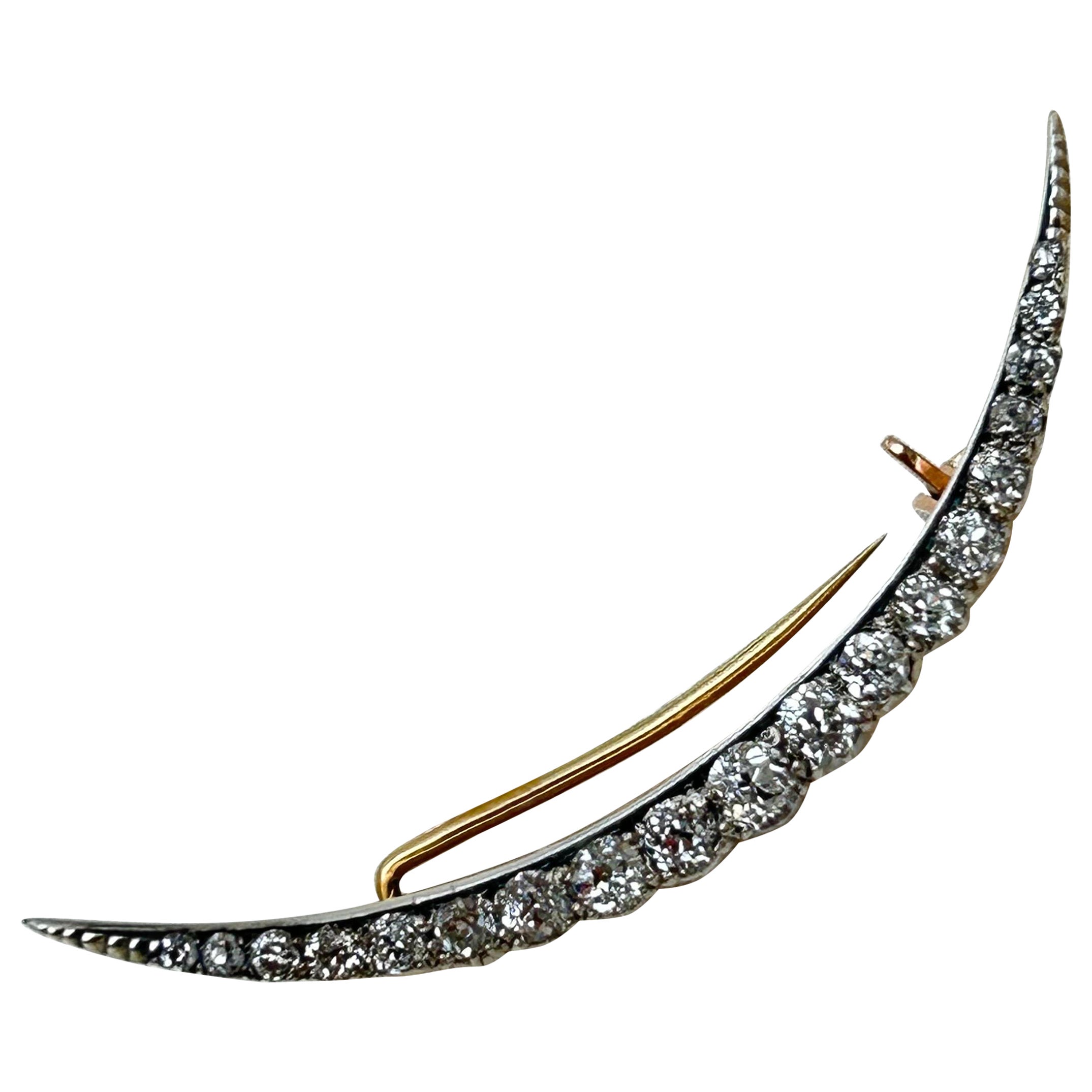 Antique Large Approx 1.80 Carat Diamond Crescent Brooch in Gold For Sale