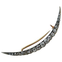 Antique Large Approx 1.80 Carat Diamond Crescent Brooch in Gold
