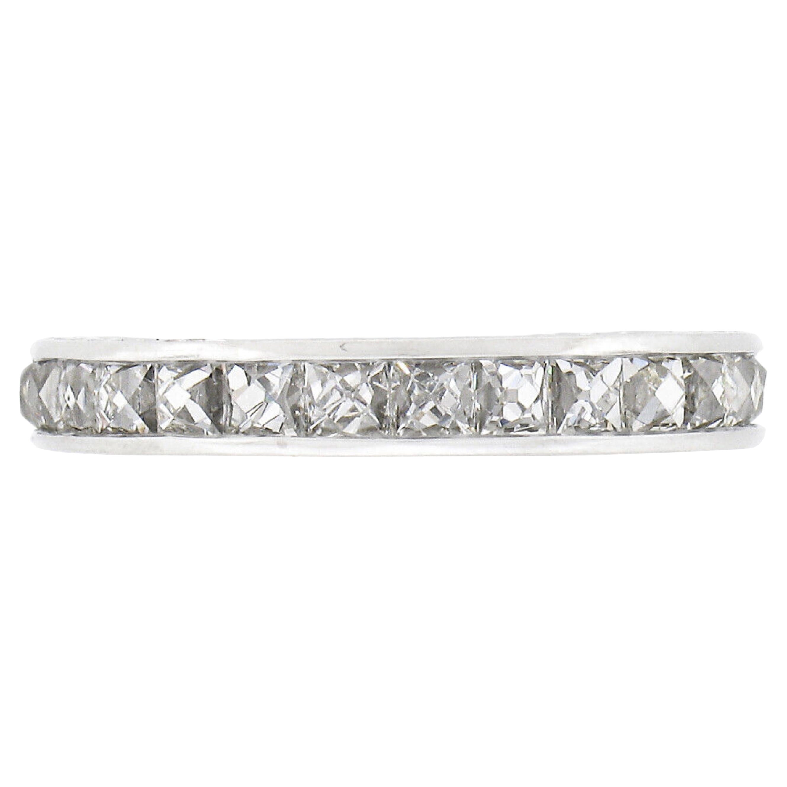 Platinum French Cut Channel 3.0ctw Diamond Hand Engraved Eternity Band Ring For Sale