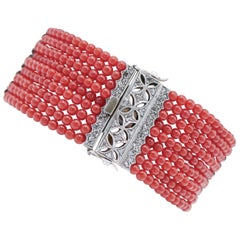 Coral, Diamonds, Rose Gold and Silver Bracelet