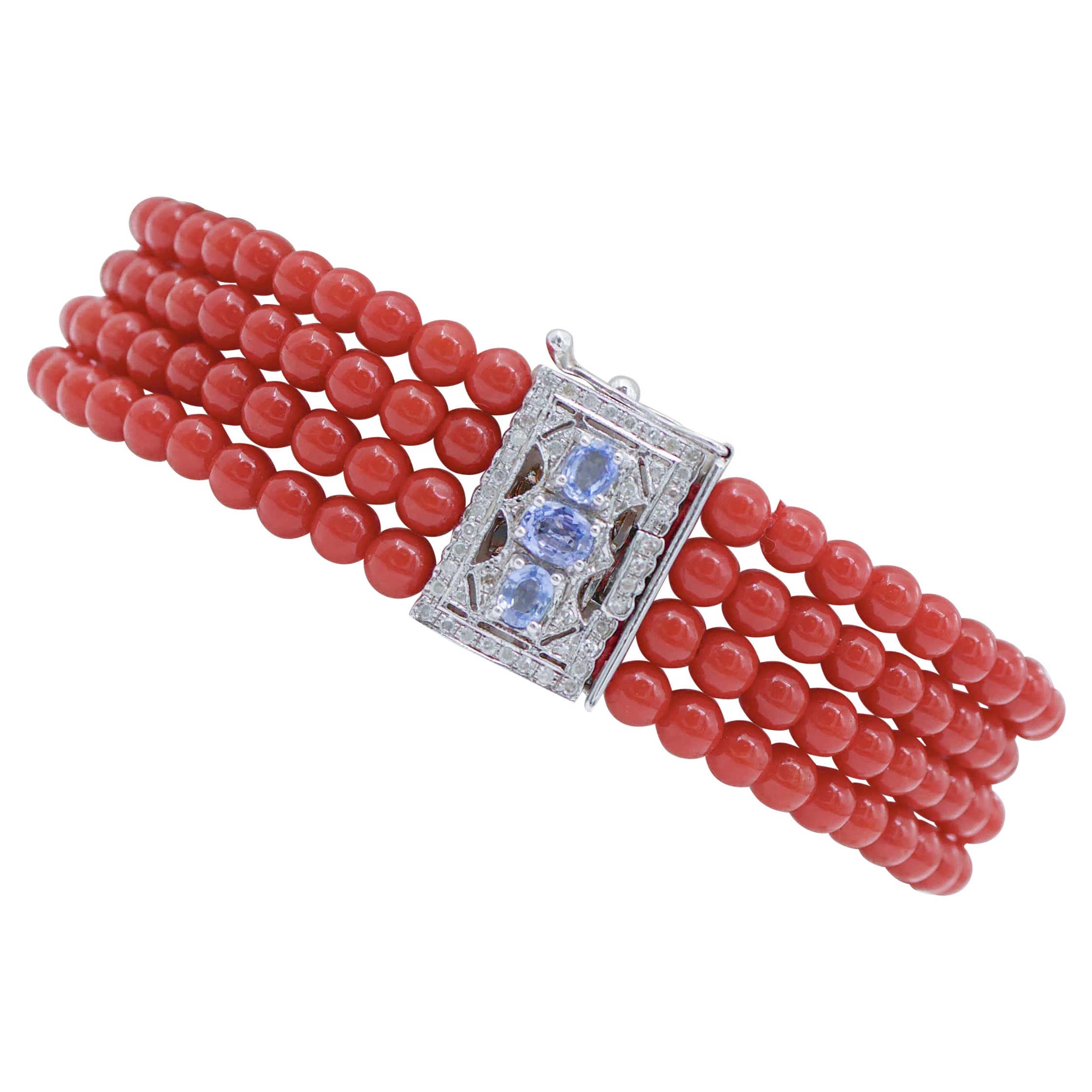 Coral, Diamonds, Sapphires, 14 Karat White Gold Bracelet