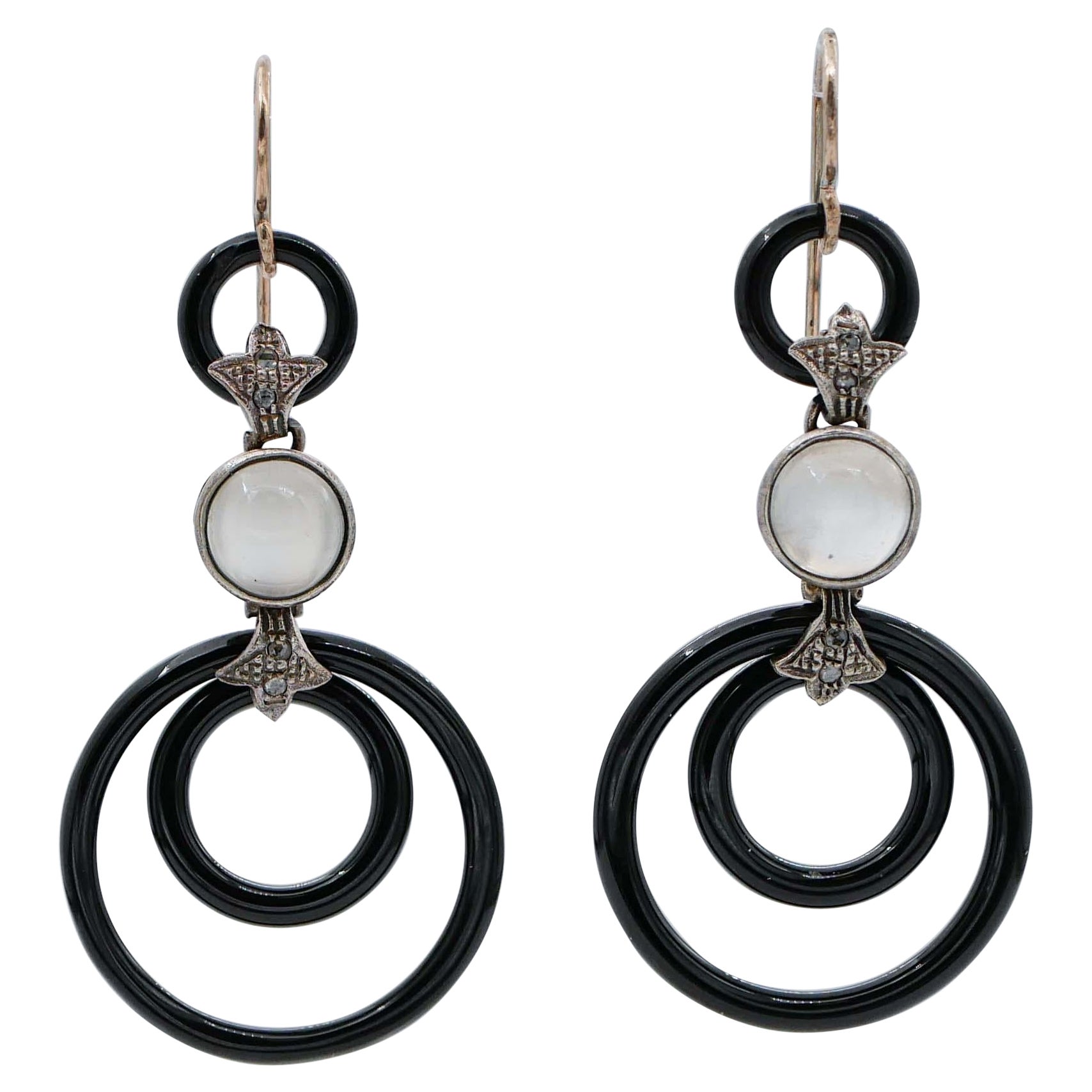 Onyx, Diamonds, Moonstones, Rose Gold and Silver Dangle Earrings For Sale