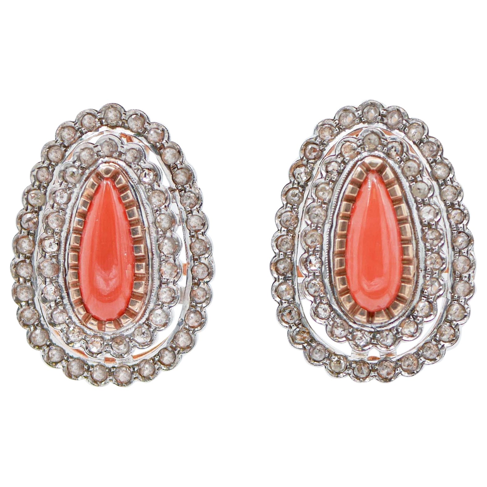 Pendientes de Coral, Diamantes, Oro Rosa y Plata
