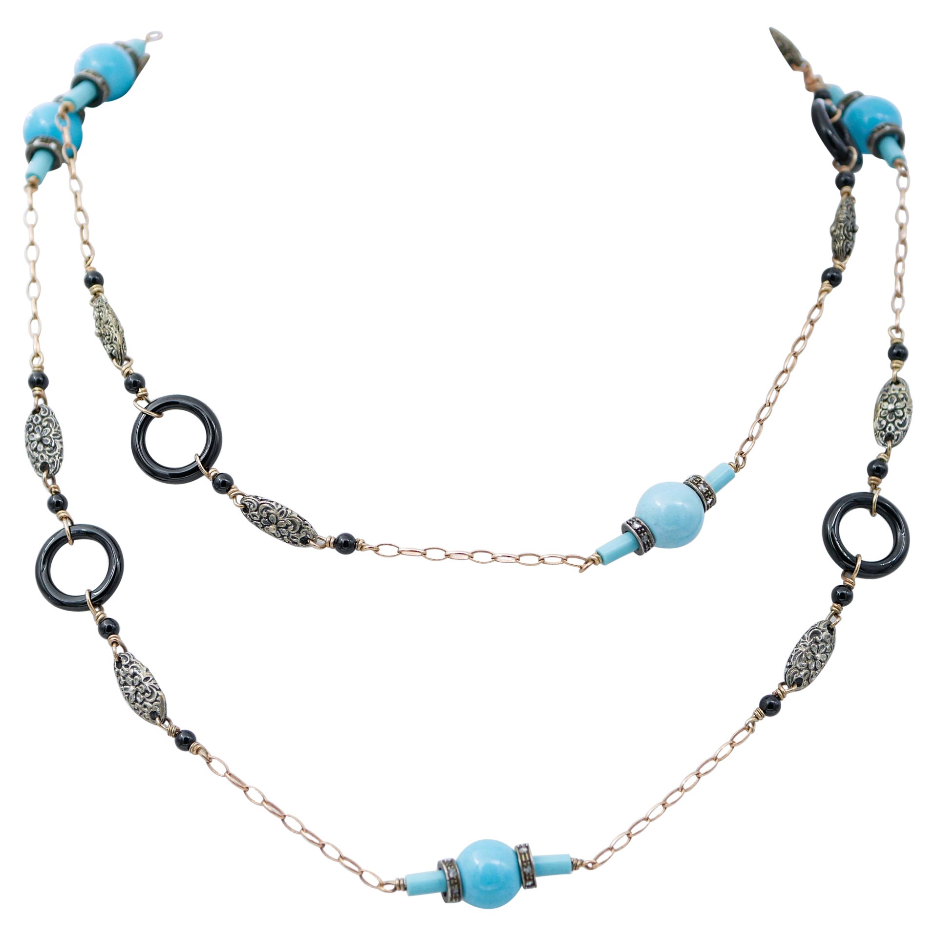 Turquoise, Onyx, Diamonds, Rose Gold and Silver Retrò Necklace For Sale