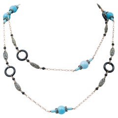 Vintage Turquoise, Onyx, Diamonds, Rose Gold and Silver Retrò Necklace