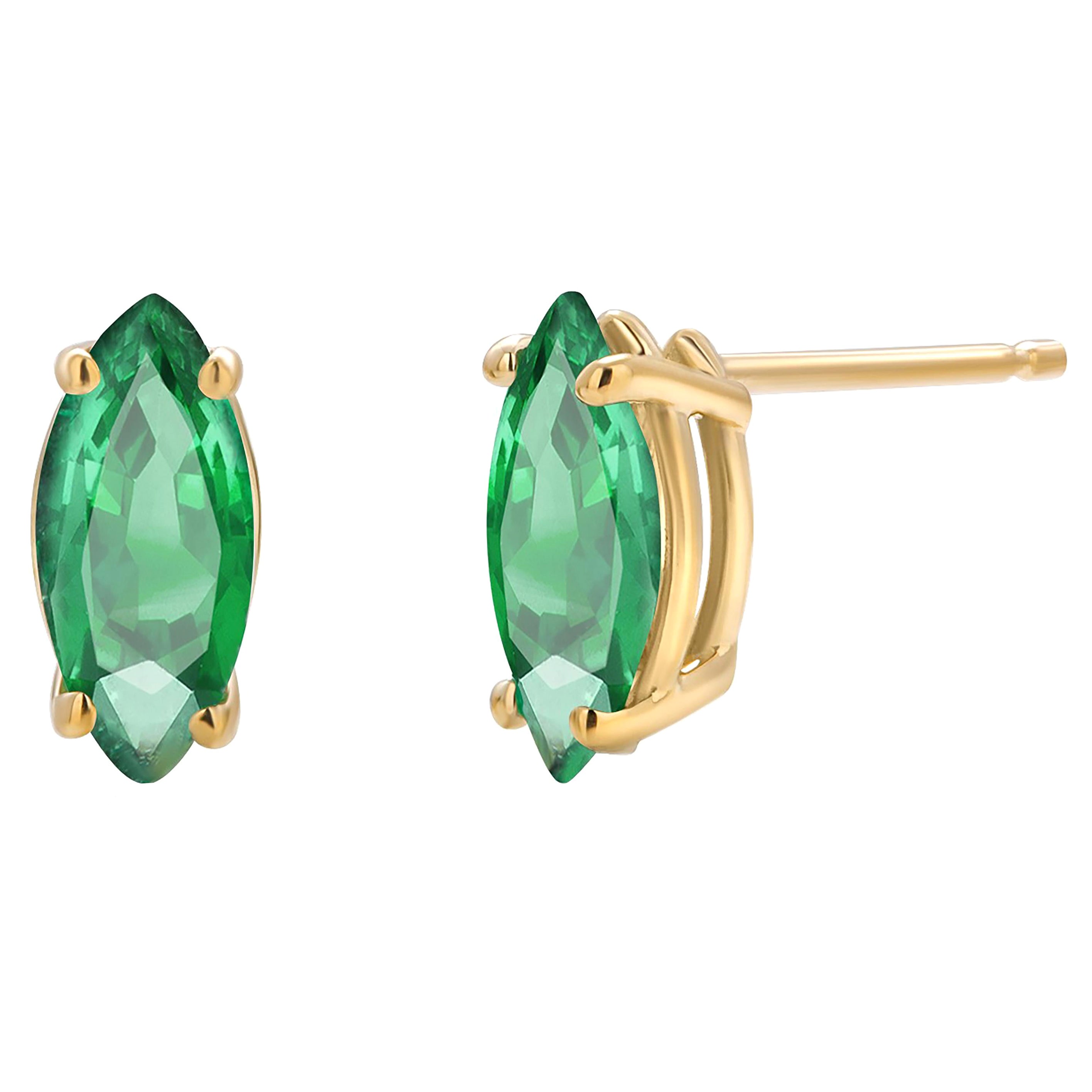Marquise Shaped Emerald 1.20 Carat 14 Karat Yellow Gold 0.35 Inch Stud Earrings 
