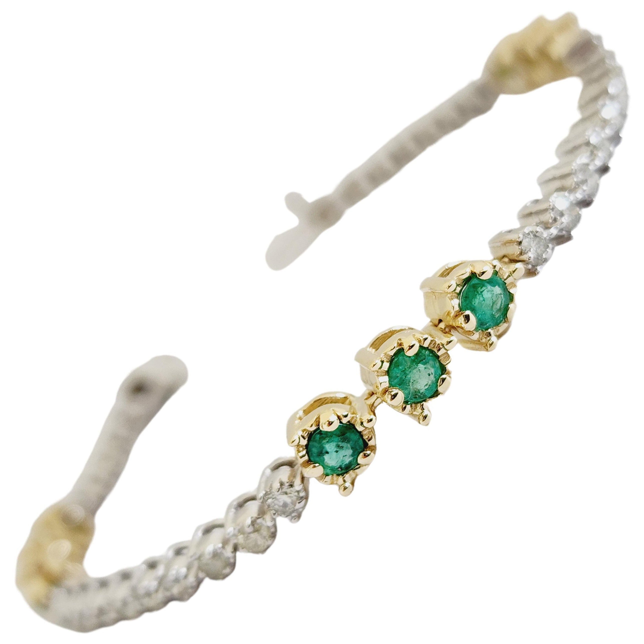Emerald Diamond Tennis Bracelet 14 Karat Two Tone Gold For Sale