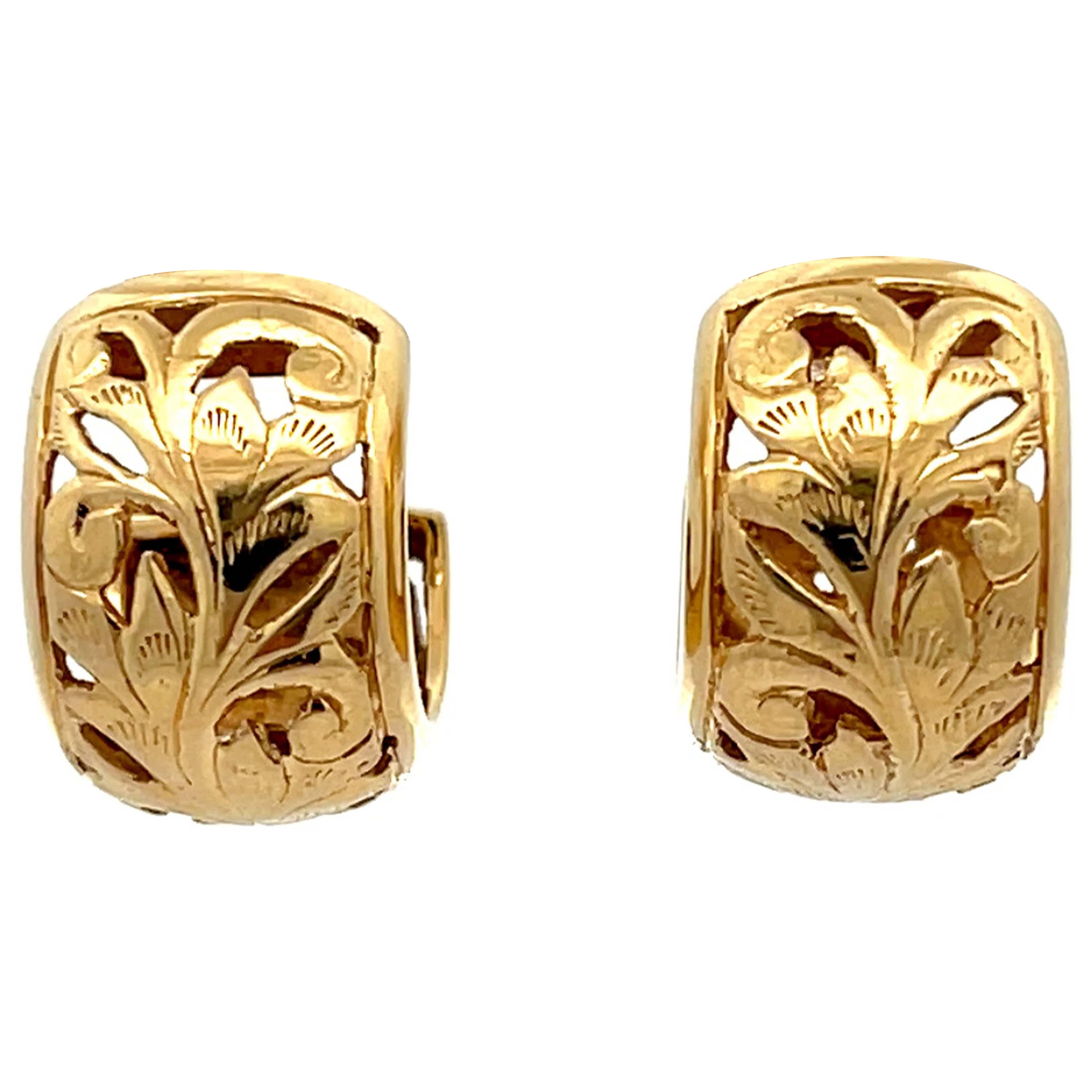 Mings Pierced Swirl Leaf Semi Hoop Earrings in 14k Yellow Gold