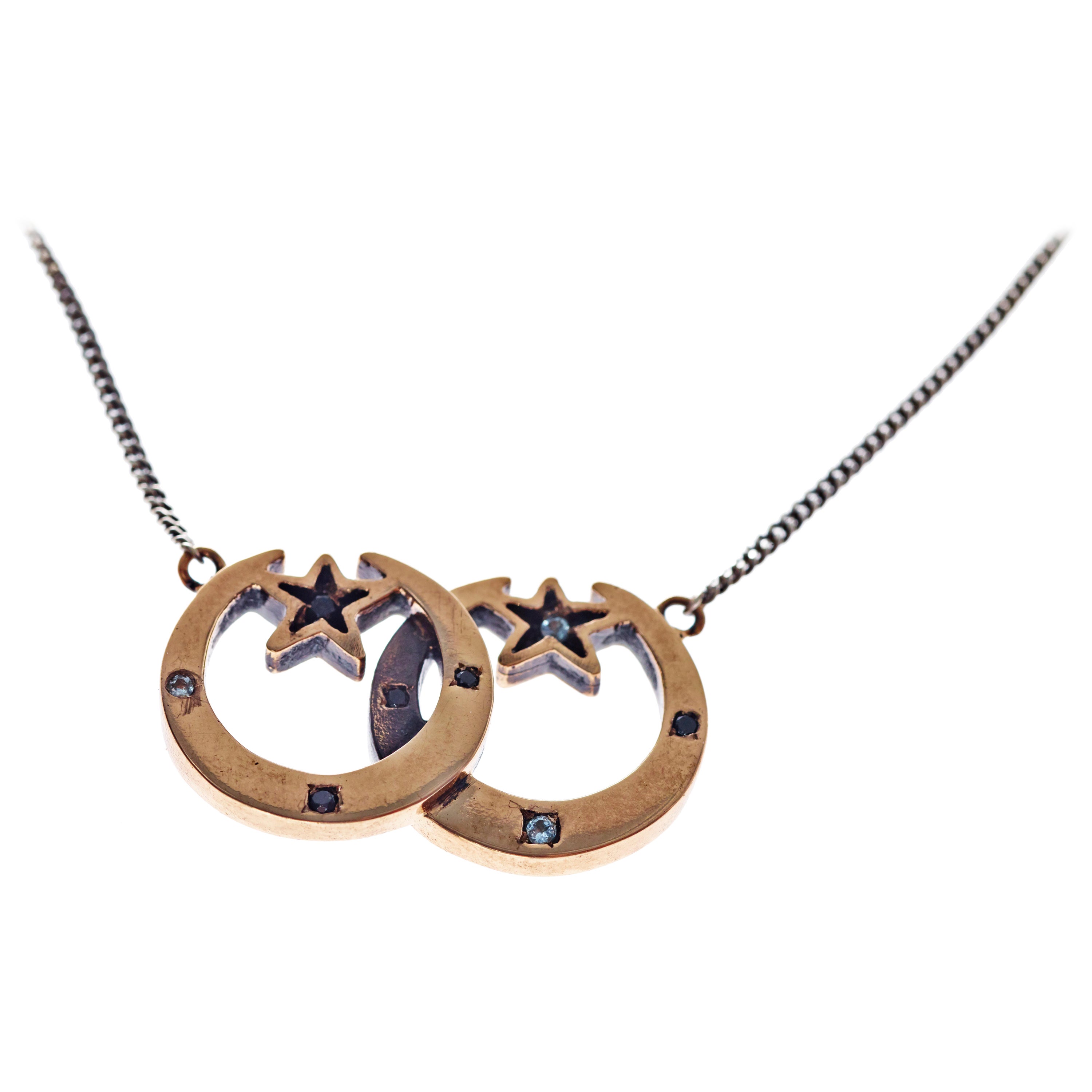 Mondstern-Halskette, Aquamarin, schwarzer Diamant, Silberkette, Bronze J Dauphin im Angebot