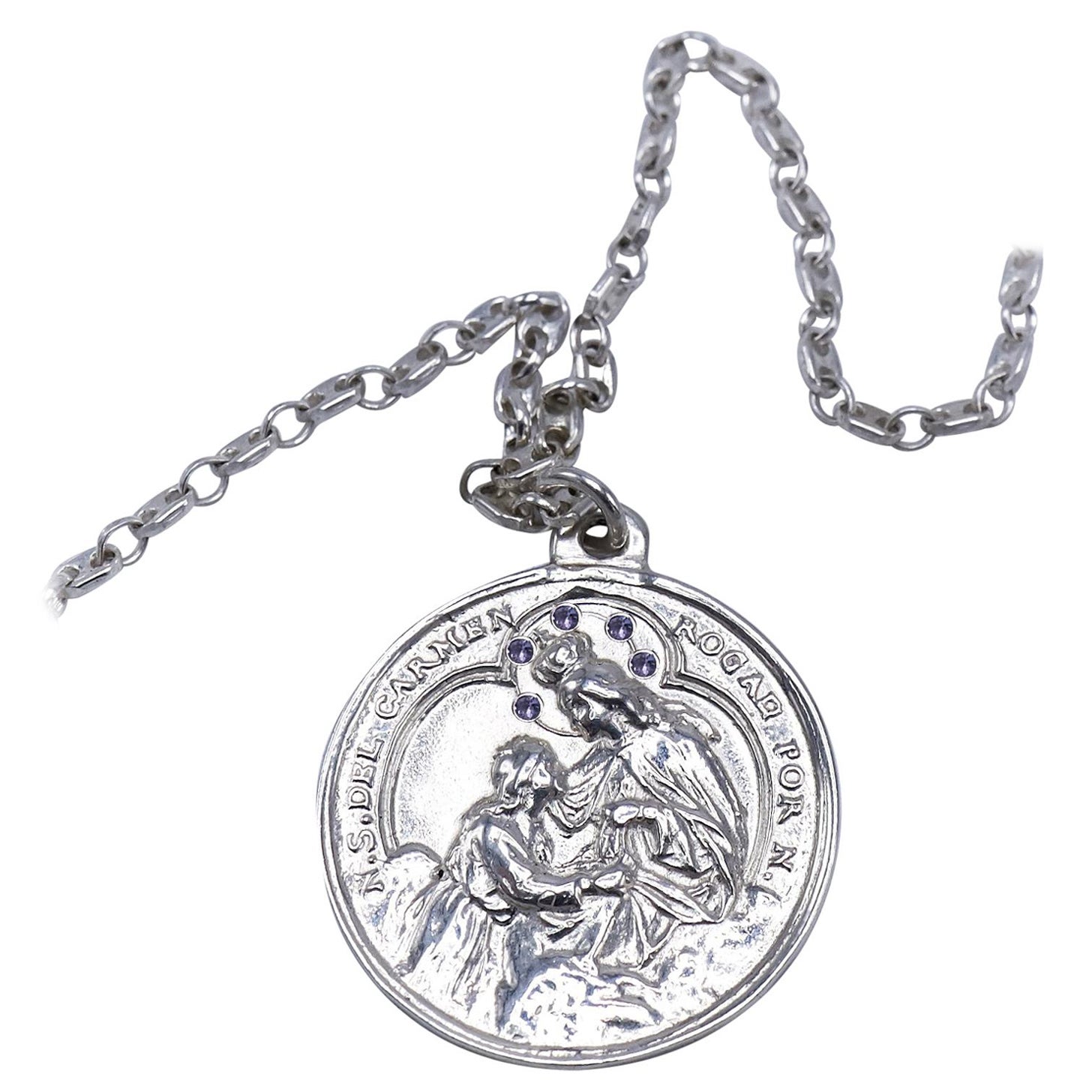Iolite Lady of Mont Carmel Medal Chain Necklace Silver For Sale