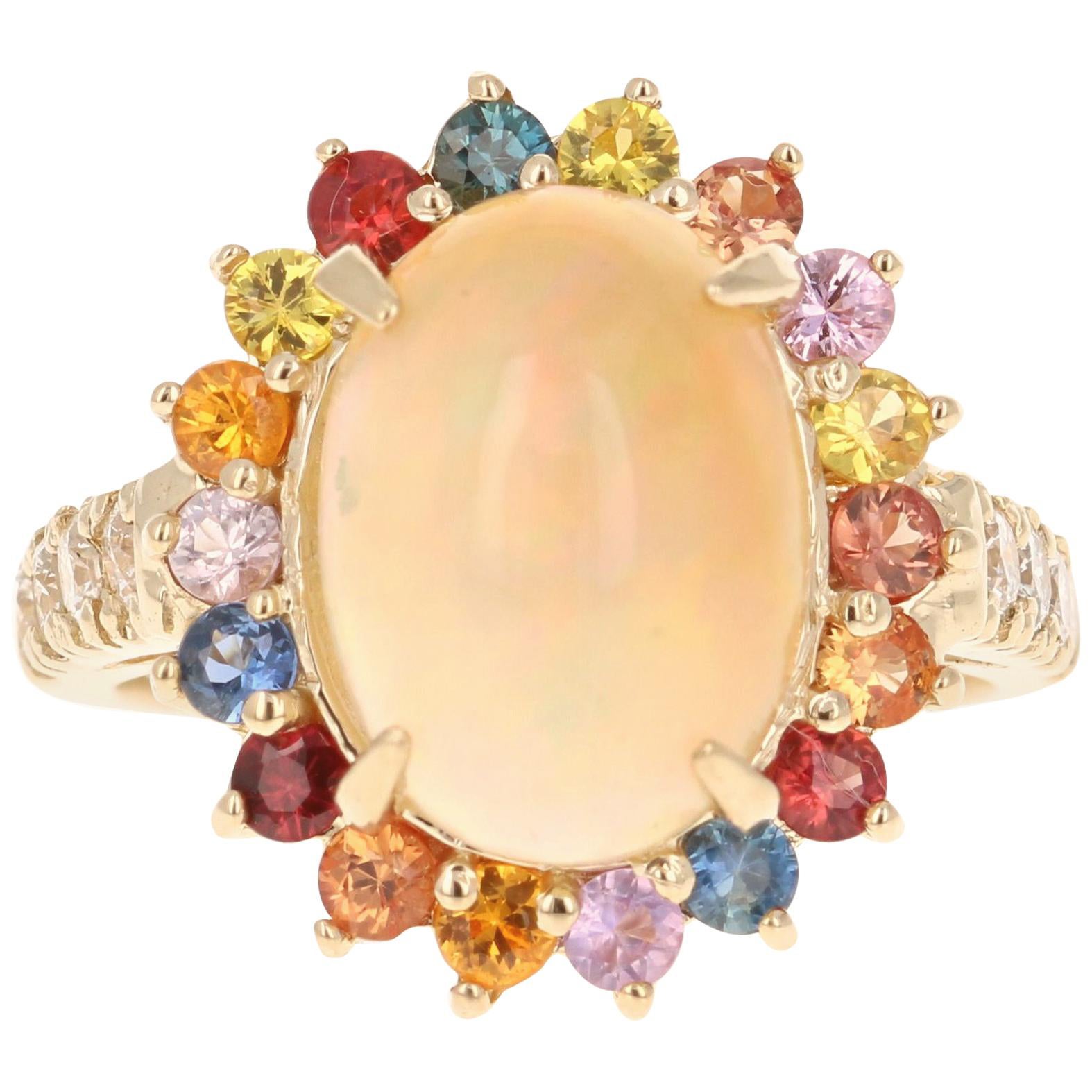 4.74 Carat Opal Sapphire Diamond Yellow Gold Ring For Sale