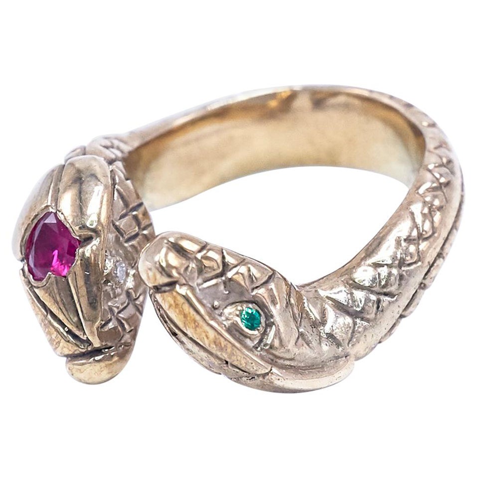 White Diamond Emerald Heart Ruby Snake Cocktail Bronze Ring J Dauphin For Sale