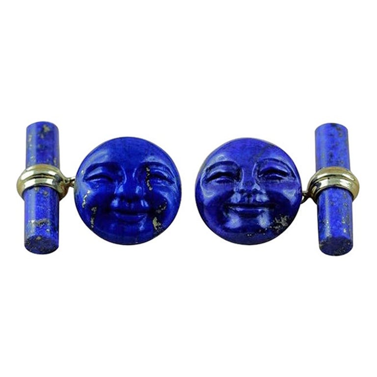 Boutons de manchette en or jaune 18 carats avec lapis-lazuli et visage souriant de lune en vente