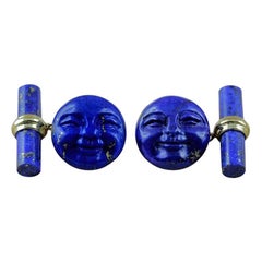 Boutons de manchette en or jaune 18 carats avec lapis-lazuli et visage souriant de lune