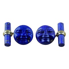 Gemelli in oro giallo 18 carati con luna di lapislazzuli e viso sorridente
